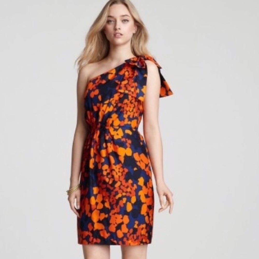 Milly New York Dress Silk One Shoulder Abstract Floral Mini‎ Dress Bow Womens 2